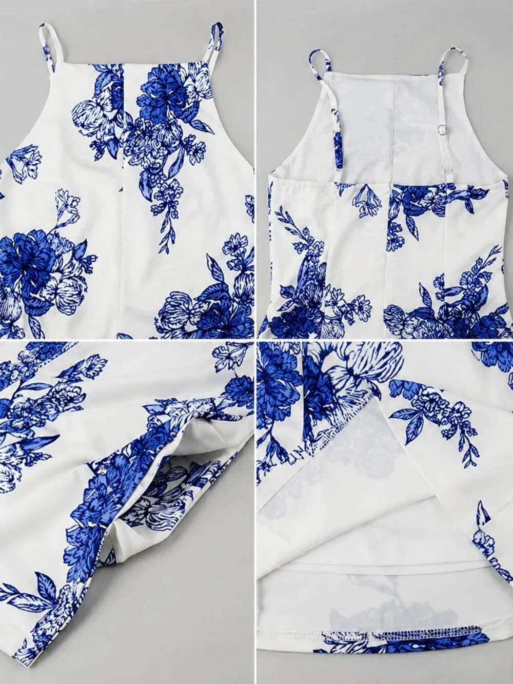 Women’s Blue White Floral Cotton A-Line Mini Sundress Square Neck Sleeveless - Picture 3 of 4
